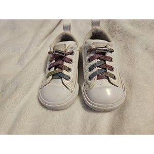 EUC Baby Todder Girl's Converse White Leather Rainbow Stretch Laces Shoes Size 5